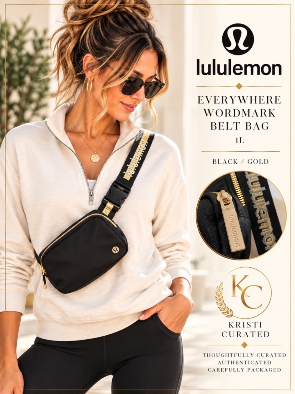 Lululemon Everywhere Wordmark Belt Bag 1L Black Gold NWT